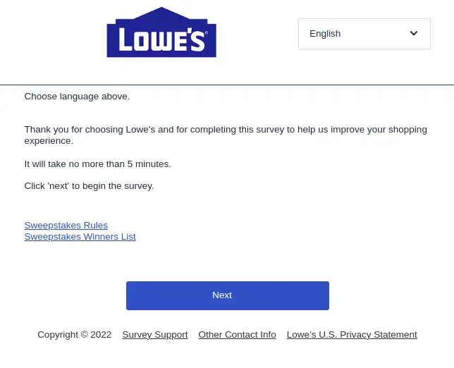 select language on the www.lowes.com/survey homepage